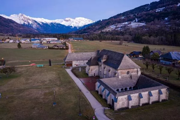 Aerial view of Chartreuse de Mélan at sunset
